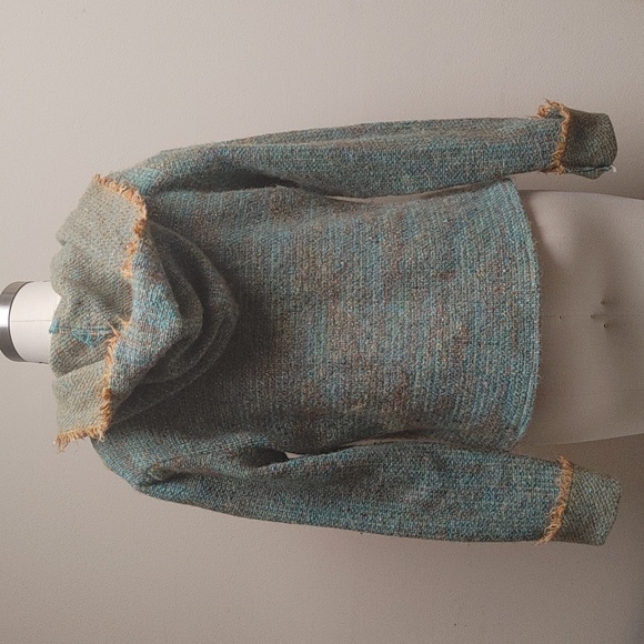 OOAK Handwoven Wool Hoodie Turquoise & Gold - Picture 6 of 17